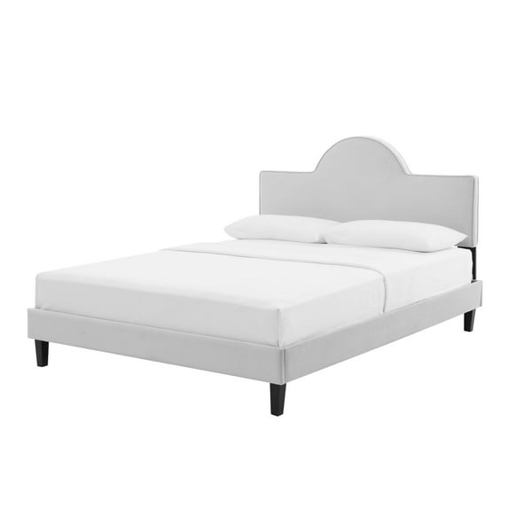 Platform Bed Frame, Full, Light Grey Gray, Velvet, Bedroom, Modern Contemporary Boutique HB35681