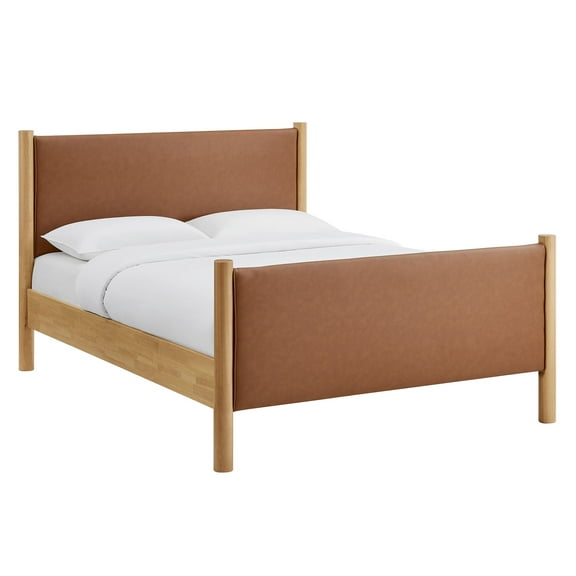 Platform Bed Frame, Full, Oak Tan, Faux Leather, Hotel Bedroom, Modern Contemporary, HB38185