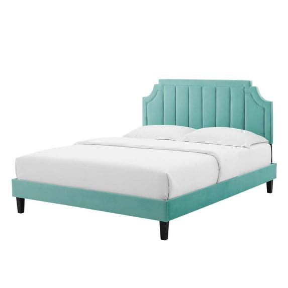 Platform Bed Frame, Full Size, Velvet, Blue, Modern Contemporary Urban Design, Bedroom Master Guest Suite