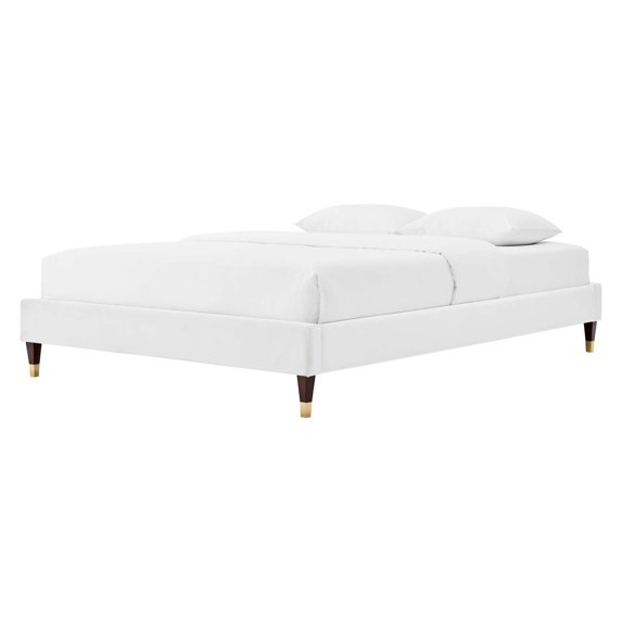 Platform Bed Frame, Full Size, Velvet, White, Modern Contemporary Urban Design, Bedroom Master Guest Suite
