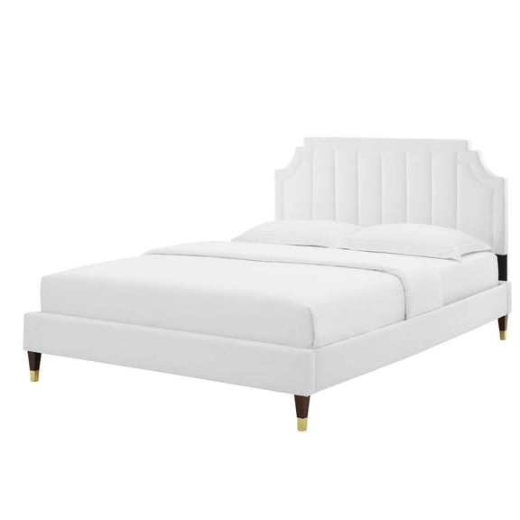 Platform Bed Frame, Full Size, Velvet, White, Modern Contemporary Urban Design, Bedroom Master Guest Suite