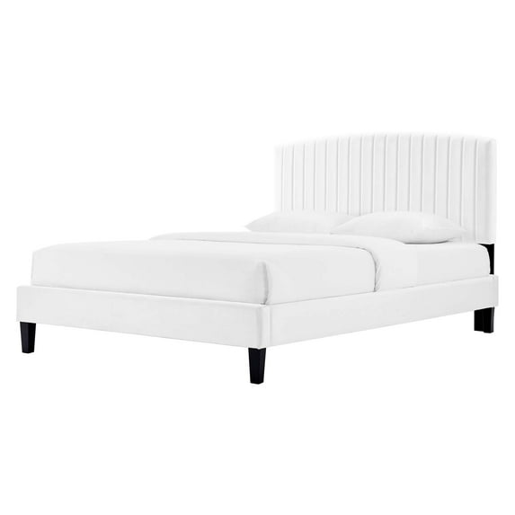 Platform Bed Frame, Full Size, White, Velvet, Modern Contemporary, Bedroom Master Guest Suite Room