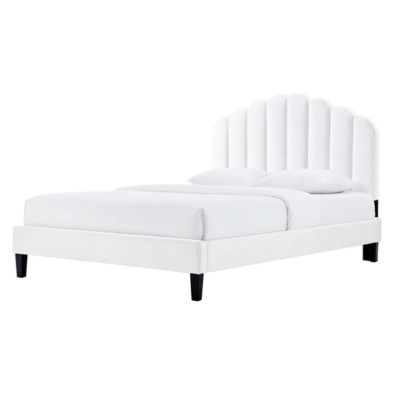 Platform Bed Frame, Full Size, White, Velvet, Modern Contemporary, Bedroom Master Guest Suite Room