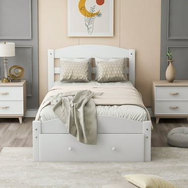 Platform Bed Frame with Headboard and Footboard, Classic Pine Wood Twin Bed Frame for Kids, Modern Twin Size Bed Frame with Wood Slats Support, Holds 275 lb, No Box Spring Needed, White, Q6228