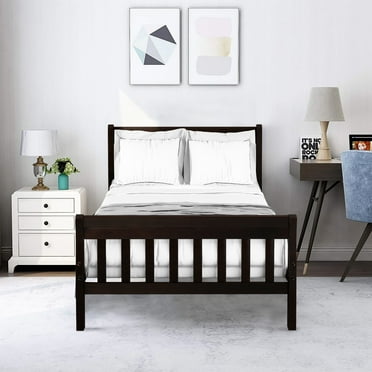 Platform Bed Frame Kids Bed with Headboard and Footboard, Classic Twin Bed Frame for Kids, Solid Wood Twin Size Bed Frame with Wood Slats Support, Holds 200 lb, No Box Spring Needed, Espresso, Q15280