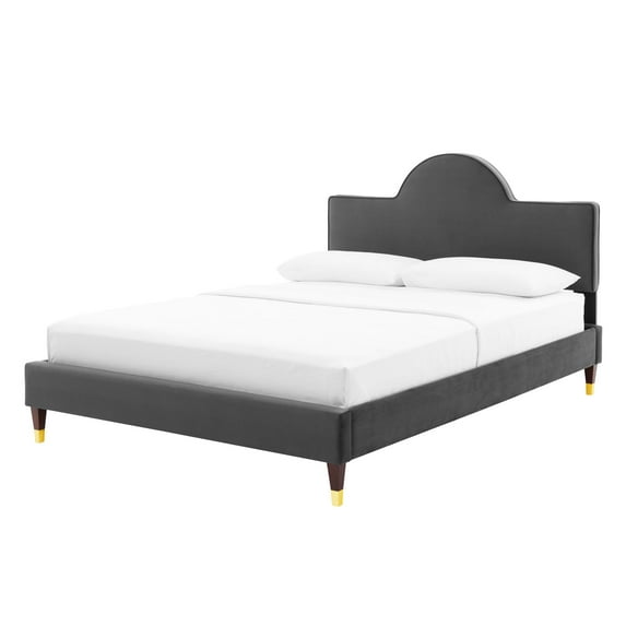 Platform Bed Frame, King Size, Charcoal Grey Gray, Velvet, Modern Contemporary, Bedroom Master Guest Suite Room