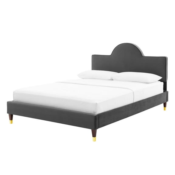 Platform Bed Frame, King Size, Charcoal Grey Gray, Velvet, Modern Contemporary, Bedroom Master Guest Suite Room