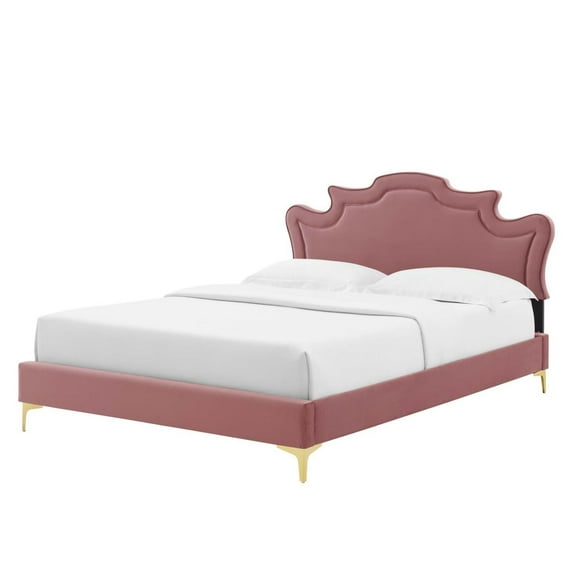 Platform Bed Frame, King Size, Pink, Velvet, Mid Century French Bedroom, Modern Contemporary Boutique HB35448