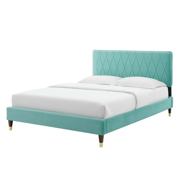 Platform Bed Frame, King Size, Velvet, Blue, Modern Contemporary Urban Design, Bedroom Master Guest Suite