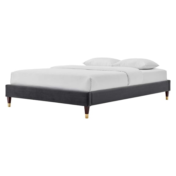 Platform Bed Frame, King Size, Velvet, Dark Grey Gray, Modern Contemporary Urban Design, Bedroom Master Guest Suite