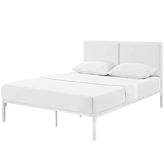 Platform Bed Frame, King Size, White, Faux Vinyl Leather, Bedroom, Modern Contemporary HB35051