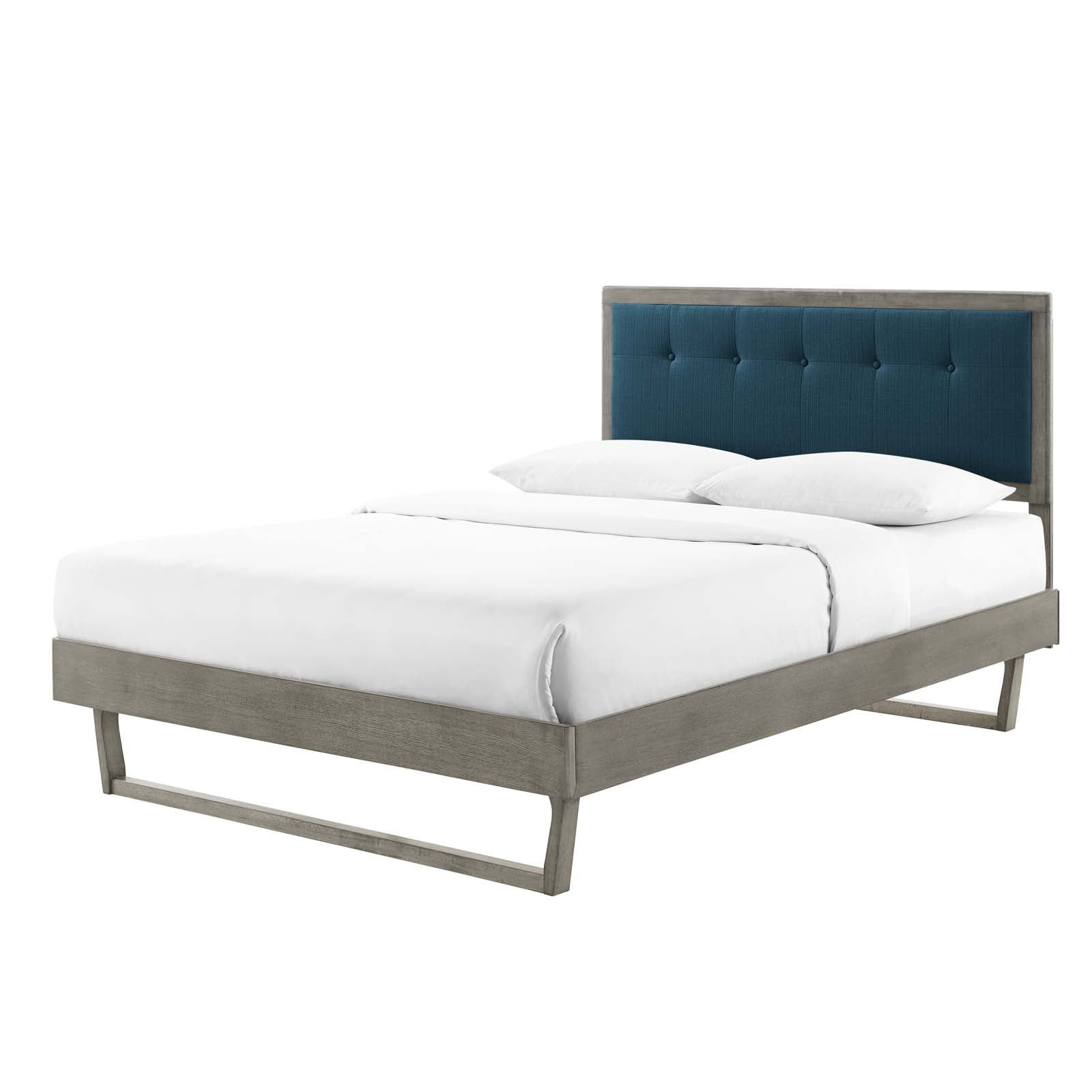 Platform Bed Frame, King Size, Wood, Grey Gray Navy Blue, Modern Contemporary Urban Design, Bedroom Master Guest Suite