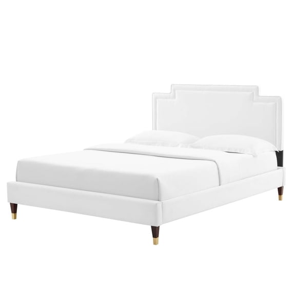 Platform Bed Frame, King Size, White, Velvet, Mid Century French Bedroom, Modern Contemporary Boutique HB35468