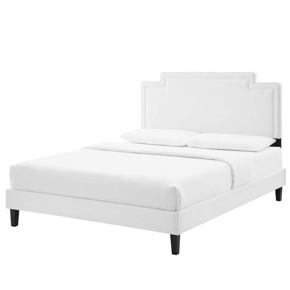 Platform Bed Frame, King Size, White, Velvet, Mid Century French Bedroom, Modern Contemporary Boutique HB35483
