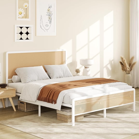 Platform Bed Frame with LED Rattan Headboard & Footboard, Boho Design, Heavy Duty Metal Slats, Noise-Free, Underbed Storage, Easy Assembly, No Box Spring Needed,Queen,White