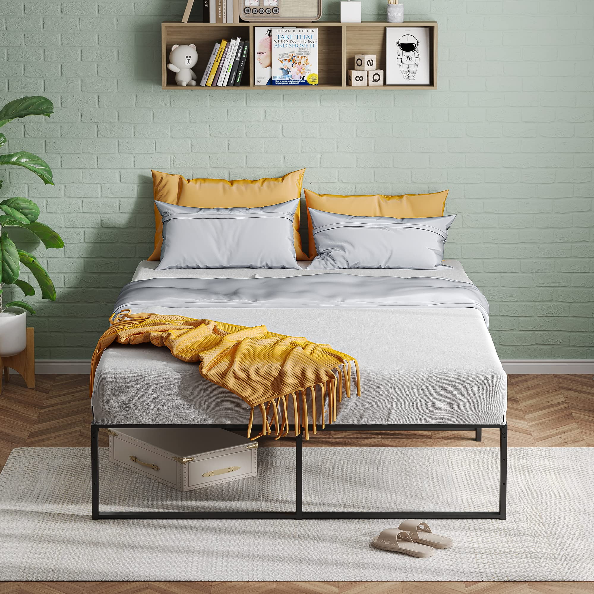 Full Size Black Metal Platform Bed Frame with Storage