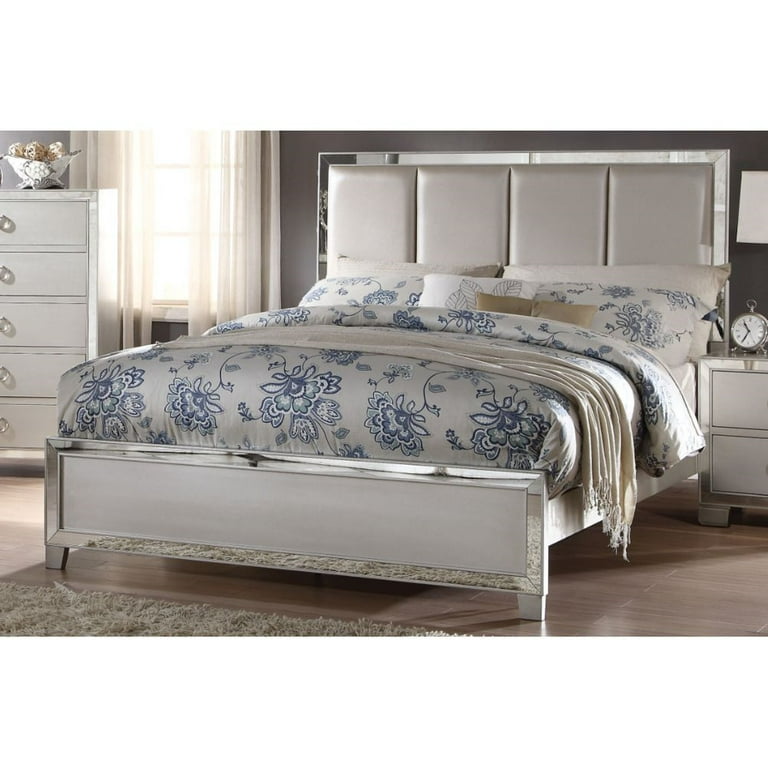Platform Bed Frame with Mirrored Headboard and Footboard Wood Queen Size Platform Bed with Upholstered PU Headboard Under Bed Storage 4 Wood