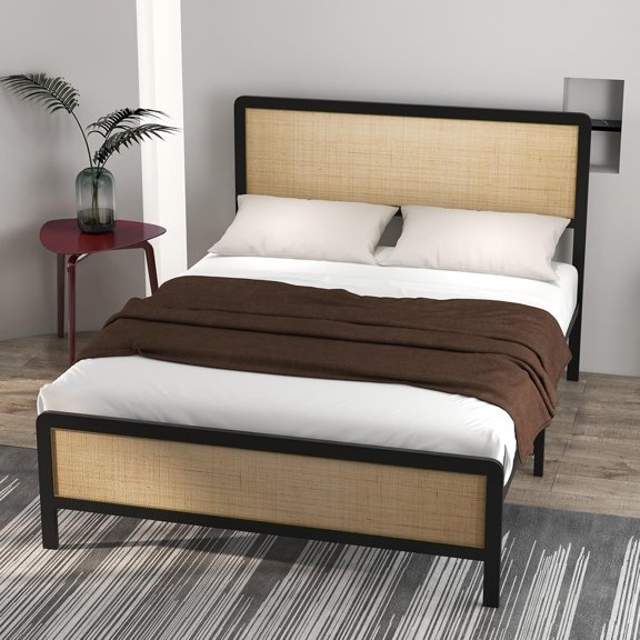 Platform Bed Frame with Natural Rattan Headboard and Footboard, Metal Bed Frame with Underbed Storage, Strong Slat Support, Noise-Free, No Box Spring Needed,Queen