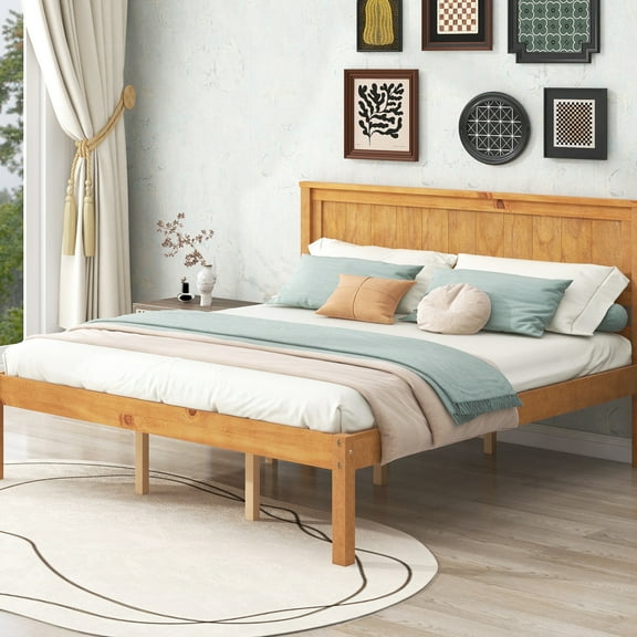 Platform Bed Frame Queen, Headboard, Wood Slat Support, No Box Spring, Bedroom Essential Item Oak With Headboard For Tough Spring