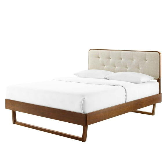 Platform Bed Frame, Queen Size, Fabric, Wood, Brown Walnut Beige, Modern Contemporary Urban Design, Bedroom Master Guest Suite