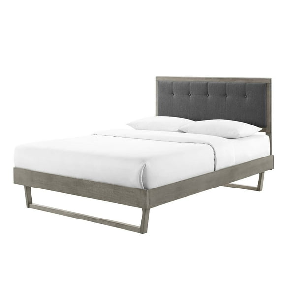 Platform Bed Frame, Queen Size, Fabric, Wood, Grey Gray, Modern Contemporary Urban Design, Bedroom Master Guest Suite