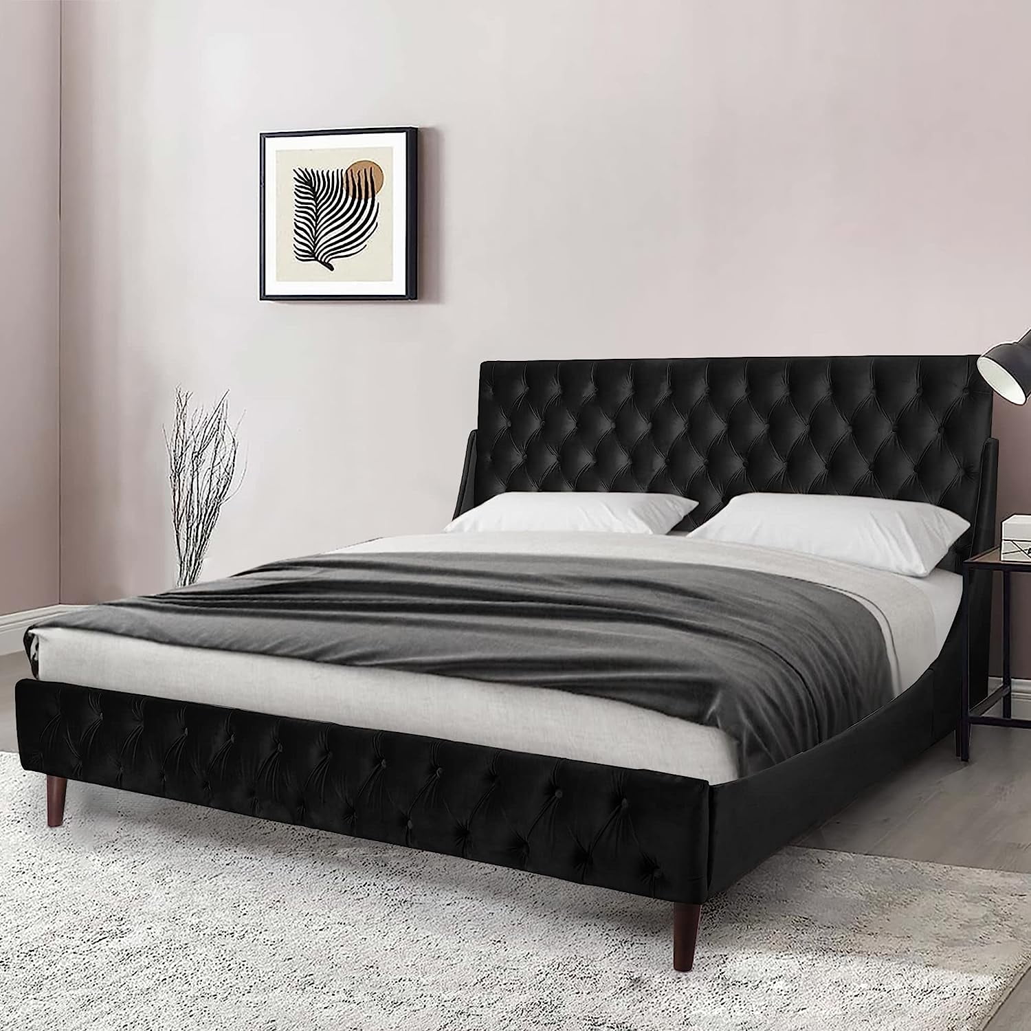 Platform Bed Frame Queen Size Linen Upholstered Bed Frame with Deep