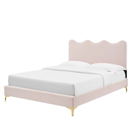 Platform Bed Frame, Queen Size, Pink, Velvet, Modern Contemporary, Bedroom Master Guest Suite Room
