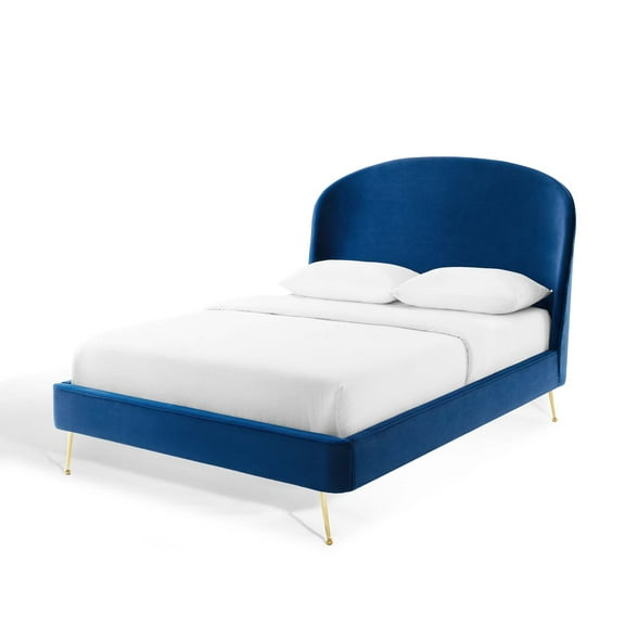 Platform Bed Frame, Queen Size, Velvet, Blue Navy, Modern Contemporary Urban Design, Bedroom Master Guest Suite