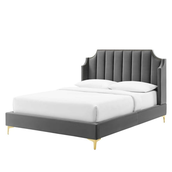 Platform Bed Frame, Queen Size, Velvet, Grey Gray, Modern Contemporary Urban Design, Bedroom Master Guest Suite