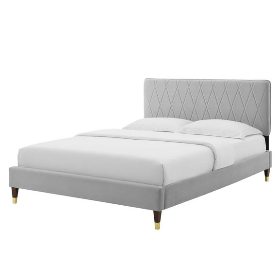 Platform Bed Frame, Queen Size, Velvet, Light Grey Gray, Modern Contemporary Urban Design, Bedroom Master Guest Suite