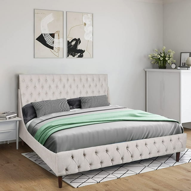 Platform Bed Frame Queen Size Velvet Upholstered Bed Frame with Deep Button Tufted Wingback