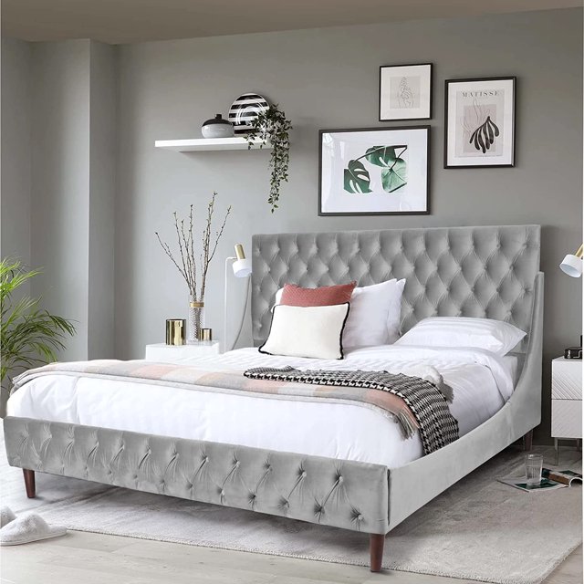 Platform Bed Frame Queen Size Velvet Upholstered Bed Frame with Deep Button Tufted Wingback