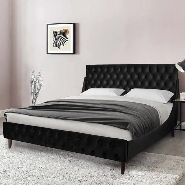 Platform Bed Frame Queen Size Velvet Upholstered Bed Frame with Deep Button Tufted Wingback