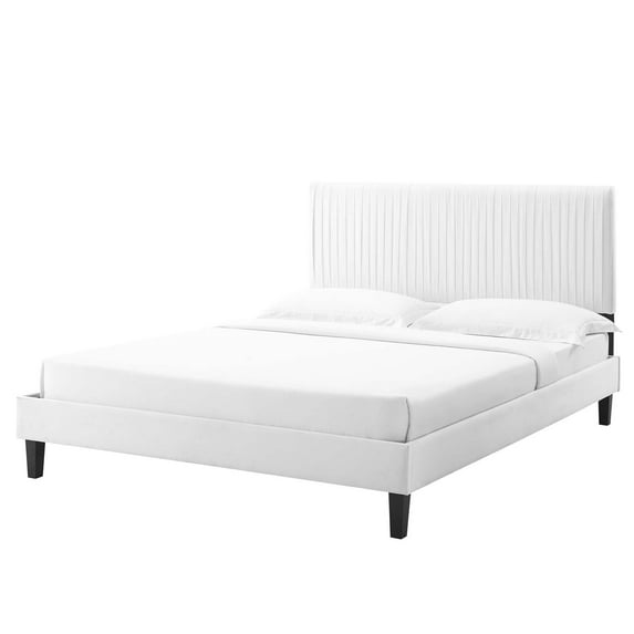 Platform Bed Frame, Queen Size, Velvet, White, Modern Contemporary Urban Design, Bedroom Master Guest Suite