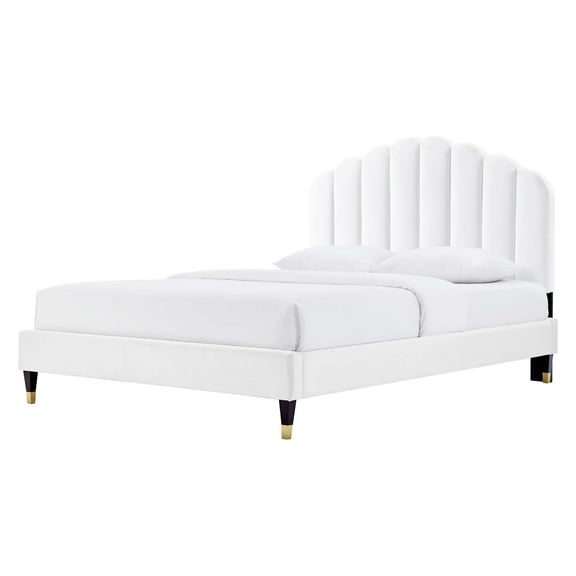 Platform Bed Frame, Queen Size, White, Velvet, Modern Contemporary, Bedroom Master Guest Suite Room