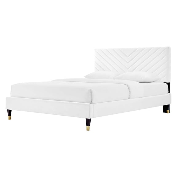 Platform Bed Frame, Queen Size, White, Velvet, Modern Contemporary, Bedroom Master Guest Suite Room