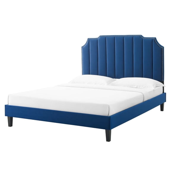 Platform Bed Frame, Rivet Nailhead, King, Blue Navy, Velvet, Bedroom, Modern Contemporary Boutique HB36739