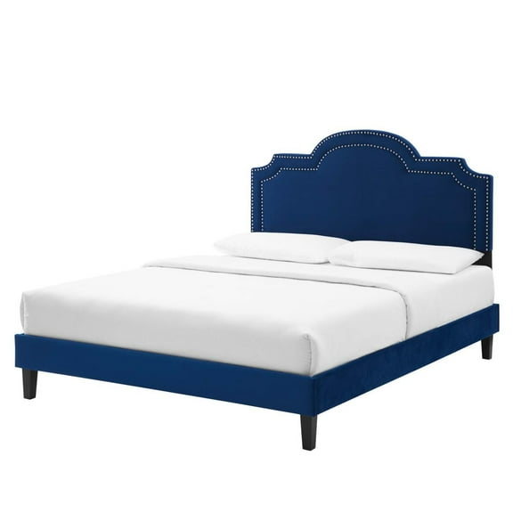 Platform Bed Frame, Rivet Nailhead, King, Blue Navy, Velvet, Mid Century Bedroom, Modern Contemporary Boutique HB35476