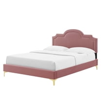 Platform Bed Frame, Rivet Nailhead, King Size, Pink, Velvet, Mid Century Bedroom, Modern Contemporary Boutique HB35445