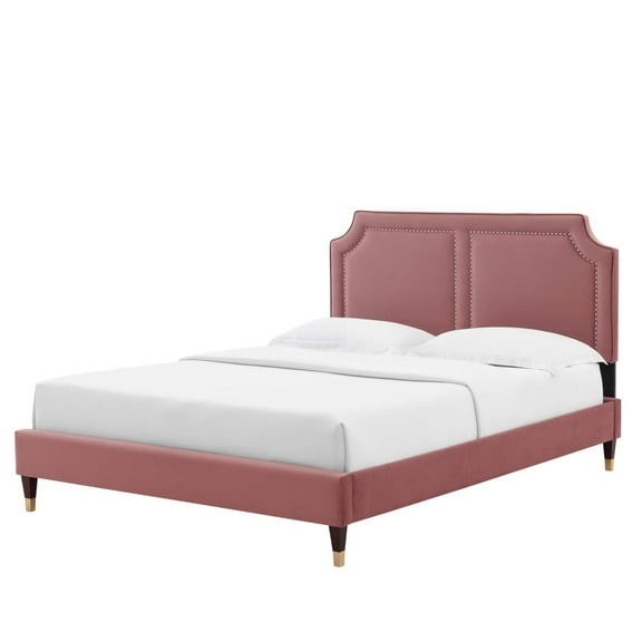 Platform Bed Frame, Rivet Nailhead, King Size, Pink, Velvet, Mid Century Bedroom, Modern Contemporary Boutique HB35458