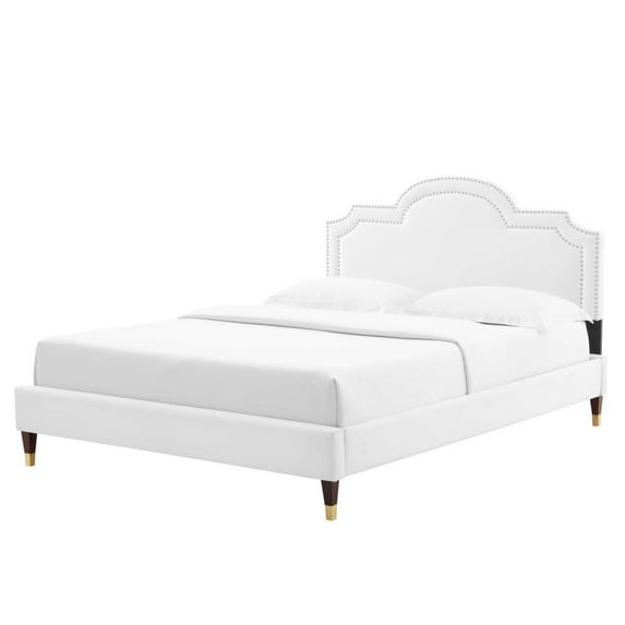 Platform Bed Frame, Rivet Nailhead, King Size, White, Velvet, Mid Century Bedroom, Modern Contemporary Boutique HB35462