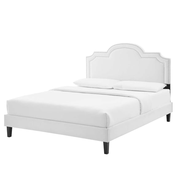 Platform Bed Frame, Rivet Nailhead, Twin Size, White, Velvet, Mid Century Bedroom, Modern Contemporary Boutique HB35860