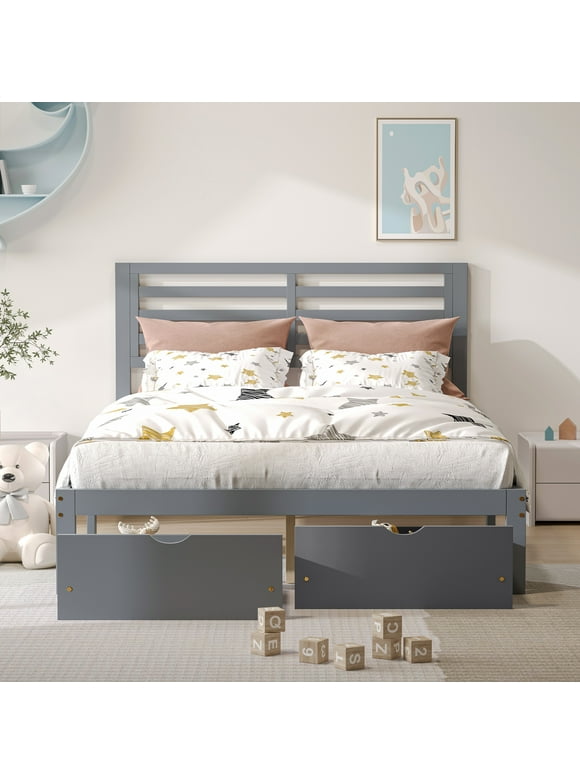 Platform Bed Frame Storage Bed with Headboard, Pine Wood Full Bed Frame for Bedroom, Modern Full Size Bed Frame with Drawers, Wood Slats Support, Holds 400 lb, No Box Spring Needed, Gray