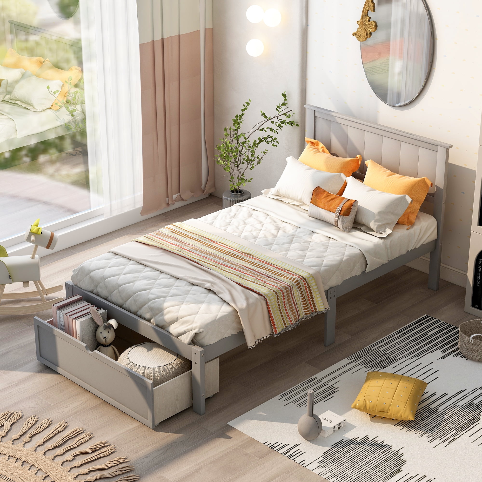Platform Bed Frame Storage Bed with Headboard Pine Wood Twin Bed