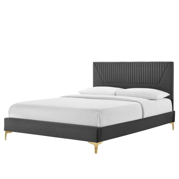 Platform Bed Frame, Tufted, Dark Grey Gray, Velvet, Mid Century Bedroom, Modern Contemporary Boutique HB35552