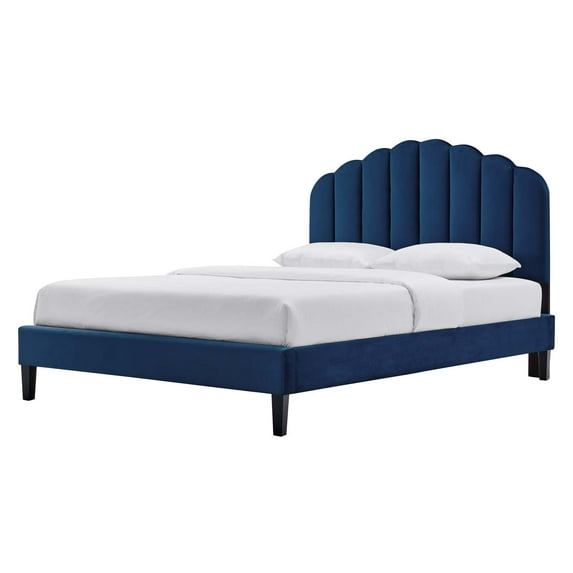 Platform Bed Frame, Full Size, Blue Navy, Velvet, Modern Contemporary, Bedroom Master Guest Suite Room