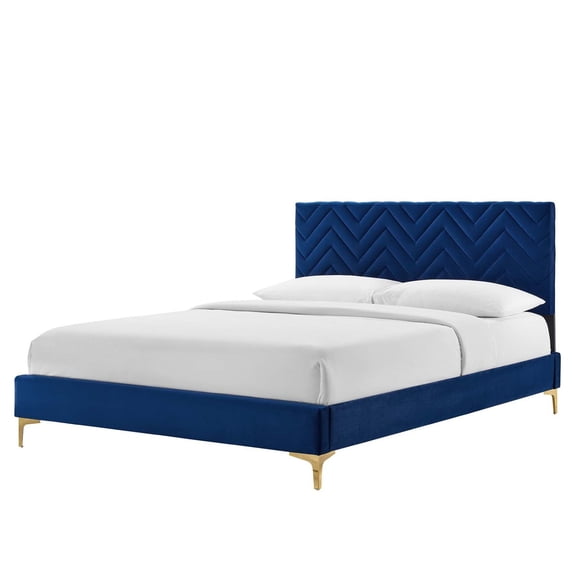 Platform Bed Frame, Tufted, Full, Blue Navy, Velvet, Mid Century Bedroom, Modern Contemporary Boutique HB35587