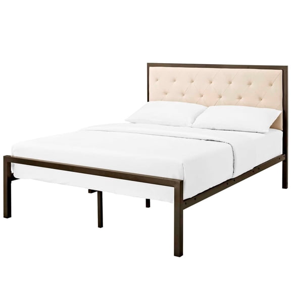 Platform Bed Frame, Tufted, Full Size, Beige, Fabric, Bedroom, Modern Contemporary HB34984