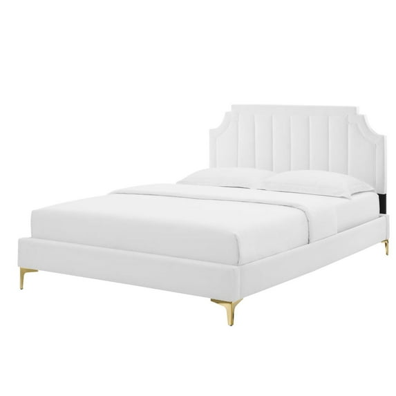 Platform Bed Frame, Tufted, Full Size, White, Velvet, Bedroom, Modern Contemporary Boutique HB35505