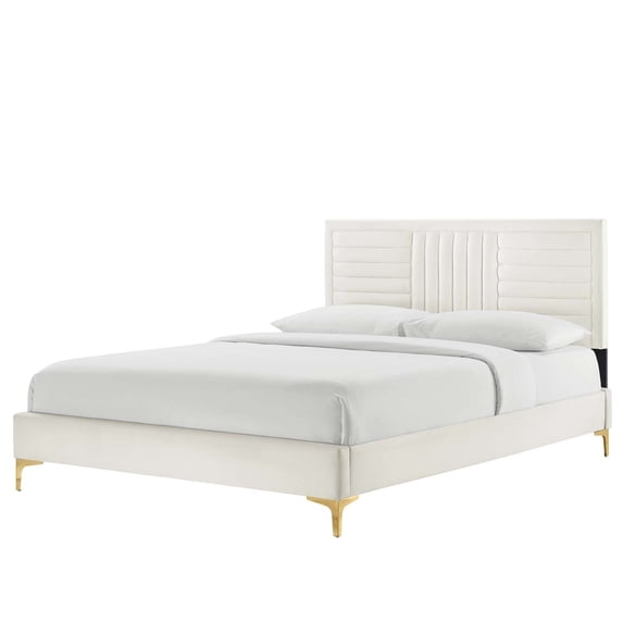Platform Bed Frame, Tufted, Full, White, Velvet, Mid Century Bedroom, Modern Contemporary Boutique HB35595